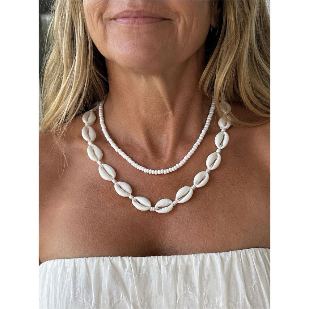 Cowrie Shell & White Seed Bead Layering 2 Necklace Set Adjustable